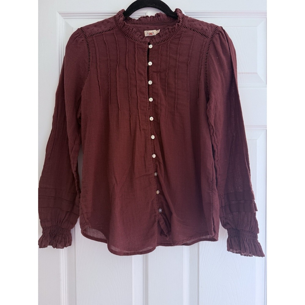 Faherty Womens Willa Pleated Bohemian Organic Cotton Button Down Top Sz M